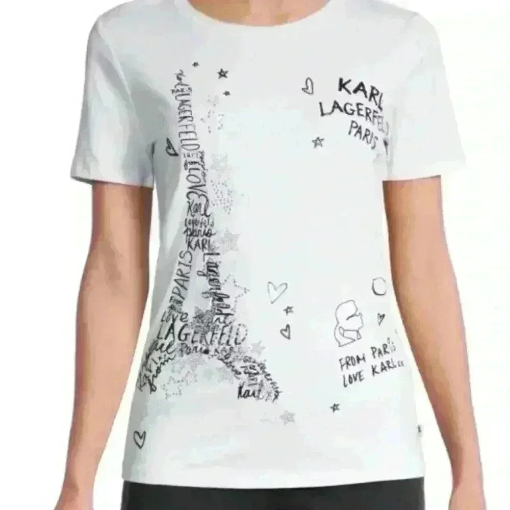 NWT Karl Lagerfeld Paris Women Tshirt Eiffel Tower Logo White Size M